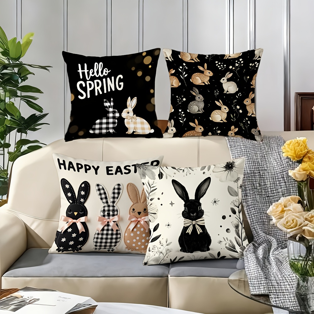 TEMU 4er-Set Kissenbezüge mit Osterhasen als Hauptmotiv, kombiniert mit Retro-Elementen wie Karo, Punktmustern und Schleifen, ergänzt durch festliche