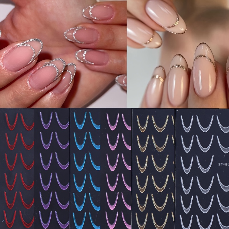 

6pcs Gradient French Manicure Nail Stickers - Colorful Glitter , Self-adhesive Decals For Diy Art, Women & Girls