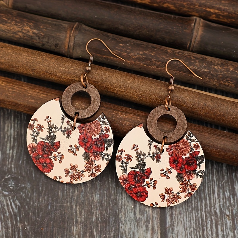 Vintage Floral Crescent Moon Earrings, Boho Round Hollow Design