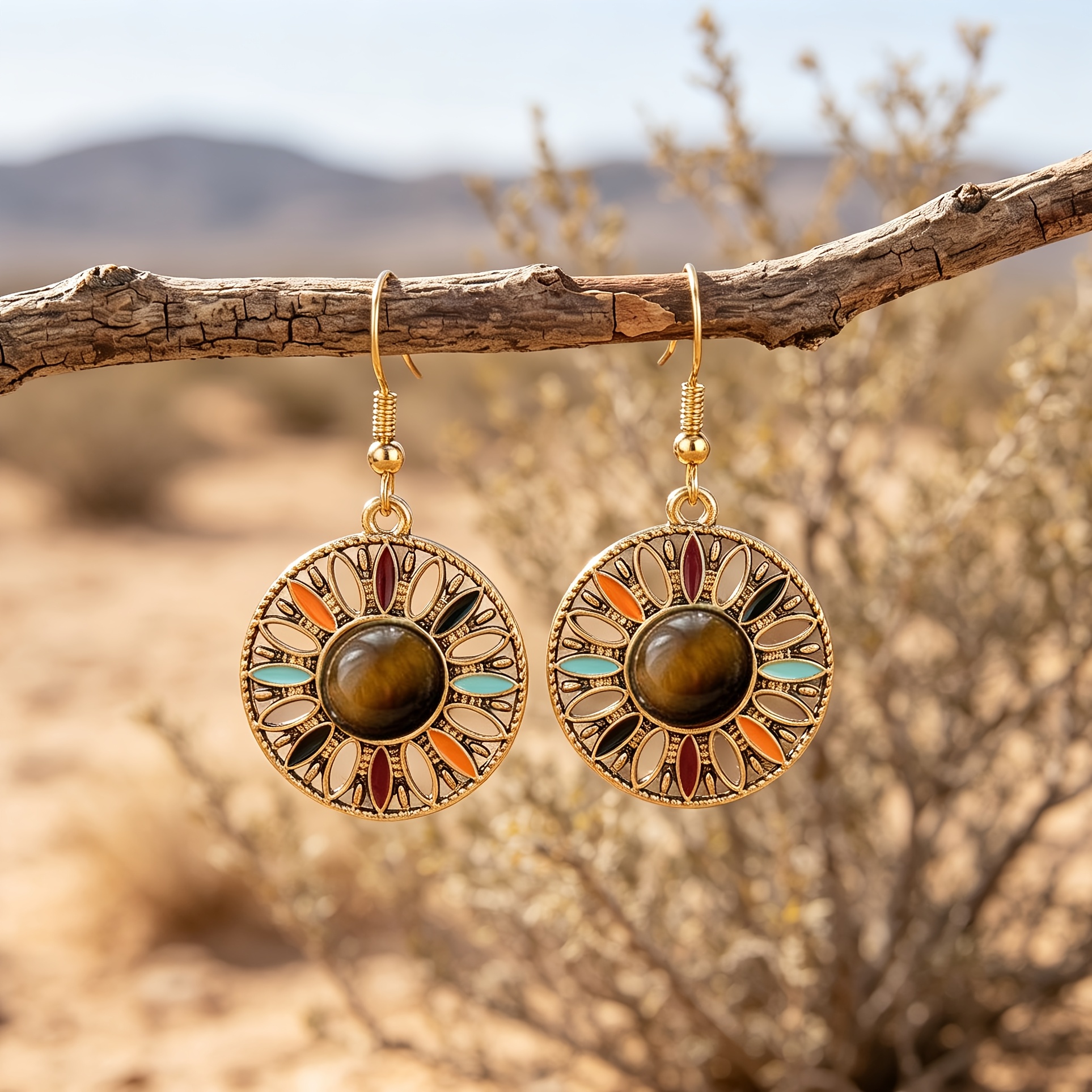 TEMU 1 Par de Aretes con Colgante de Sol, , Sintética con Goteo de Aceite Étnico Boho Retro - Regalos de , Navidad, Día de la y San Valentín
