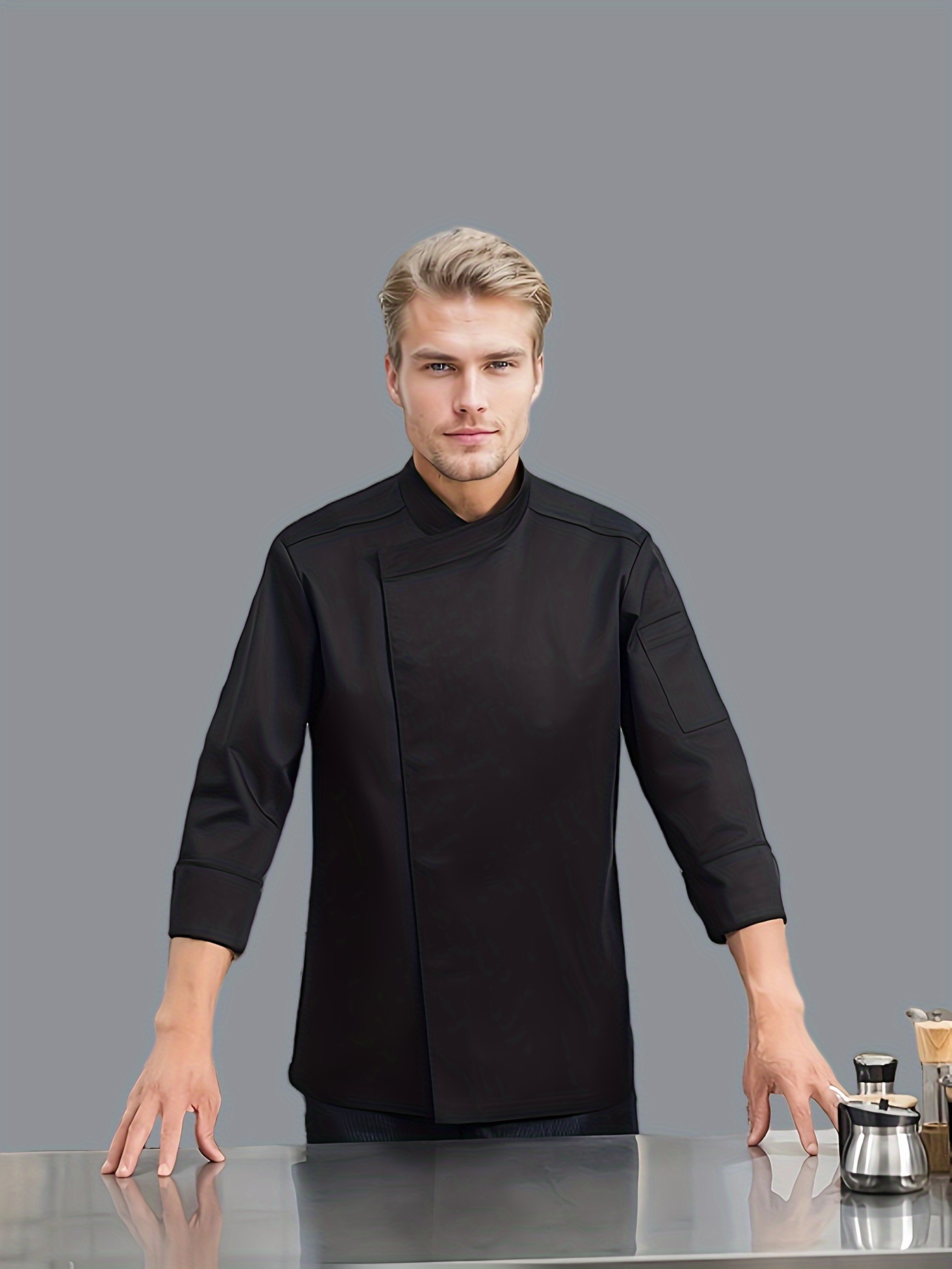 1pc mens premium   chef coat professional kitchen uniform with stand collar long sleeves woven fabric solid color non stretch for   bakery and  