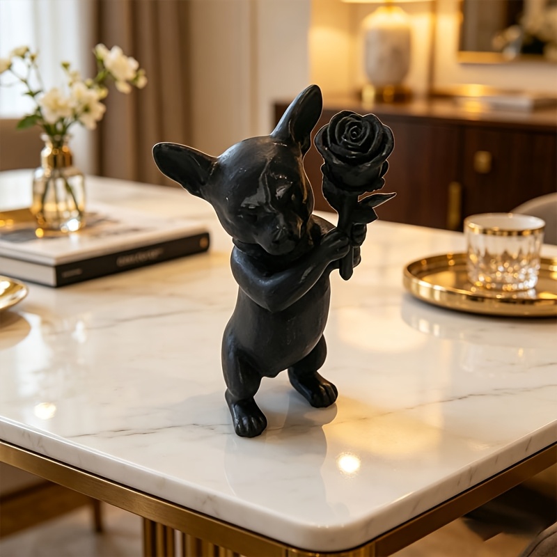 TEMU 1pc, Black Chihuahua Dog Holding Rose Sculpture Ornament, Cute Chihuahua Statue And Black Rose, Home Office Desktop Decoration Sculpture, Unique