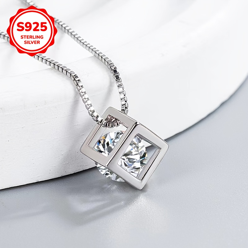 925 Hypoallergenic Sparkling Cube Pendant Necklace, Versatile Gift