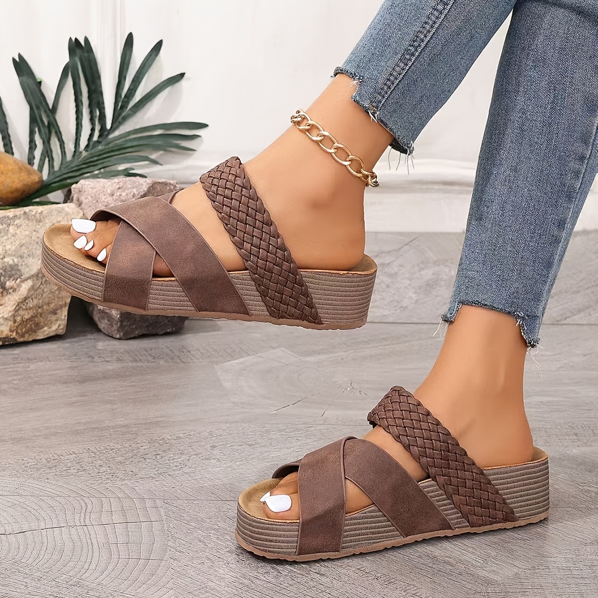 TEMU Summer/autumn Cross-woven Platform Sandals For Women, European/ Wedge Slide Slippers For Outdoor Wear, Casual And Versatile Beach Slippers,