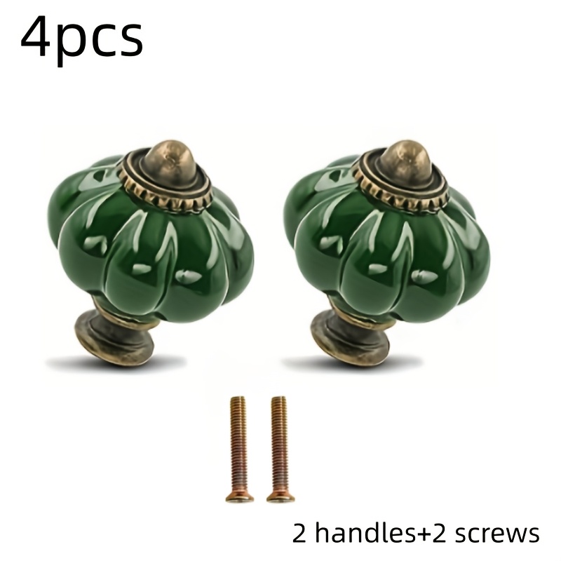 TEMU 4 pezzi Maniglie in ceramica retr簷 lussuose (2 maniglie e 2 viti) Verde scuro a forma di zucca, maniglie per ante di armadietti in stile rurale