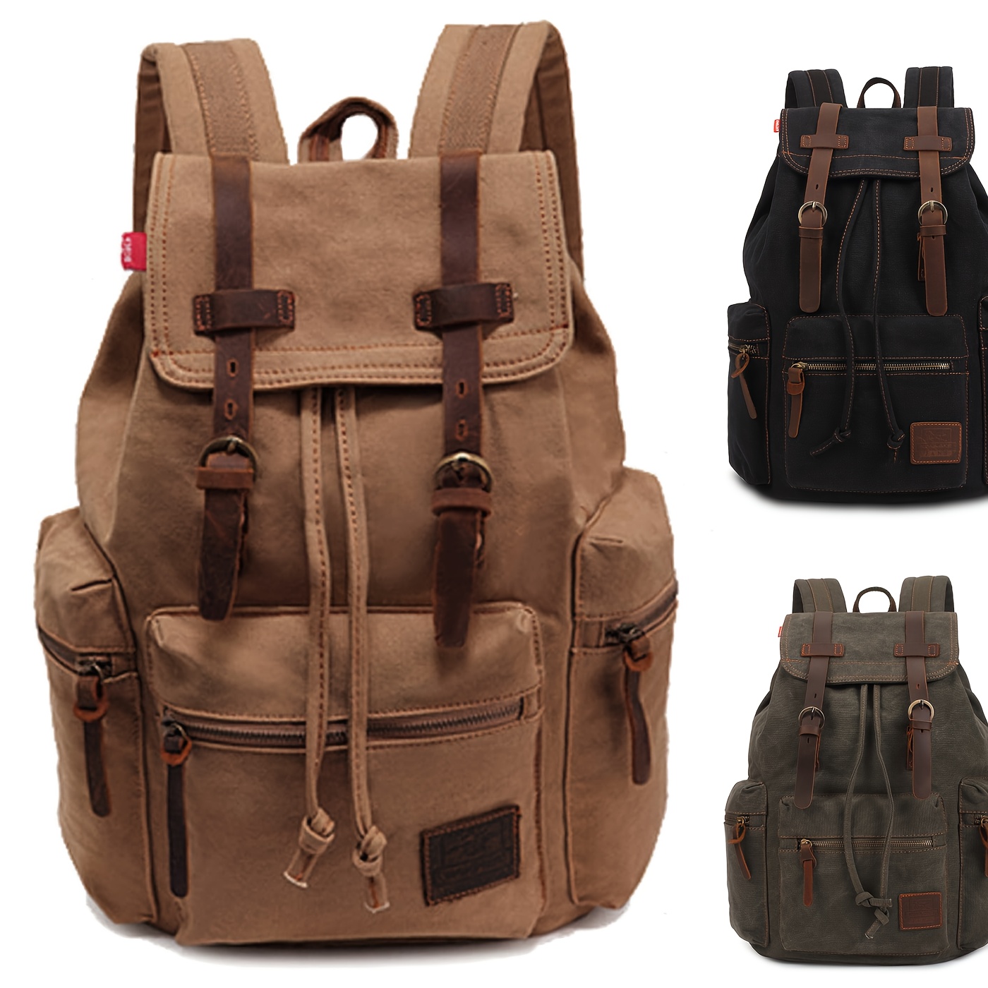 Unisex Retro Canvas Backpack with Multiple Pockets, Leather Lace Details, Lightweight and Comfortable, Available in Black, Khaki, and Gray G