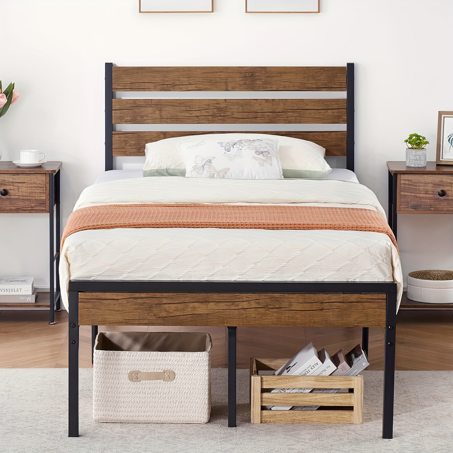 

Twin Size Bed Frame With Rustic Vintage Wood Headboard, Mattress Foundation, Strong Wood Slats Platform Support, Under Bed Storage, Noise-free, No Box Spring Needed