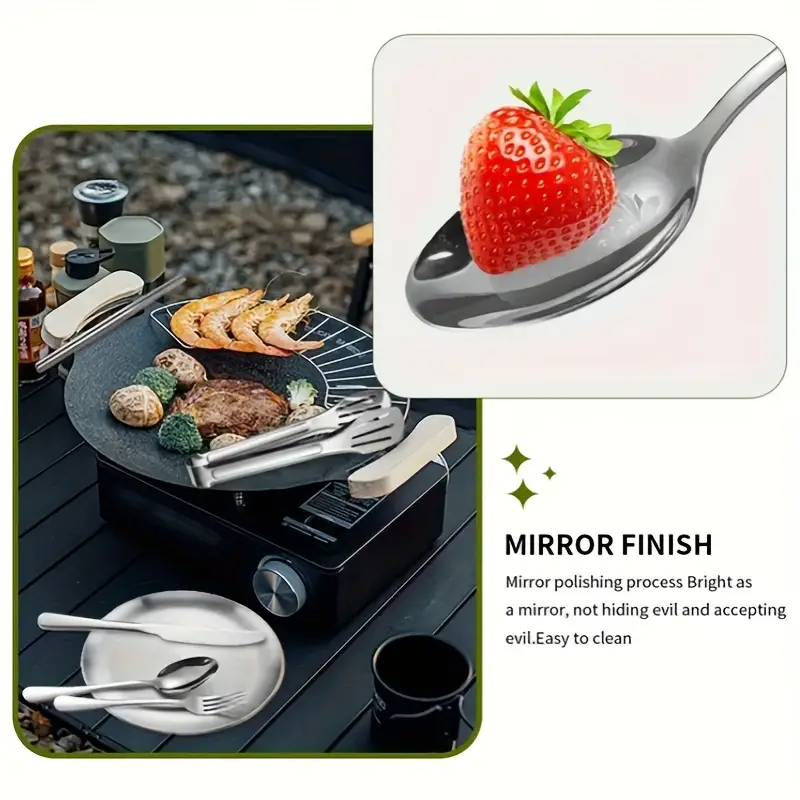 outdoor camping tableware set with box 16pcs stainless steel utensils including dinner knife forks plates soup spoon bottle opener coffee spoon tongs and storage bag reusable and dishwasher safe suitable for outdoor travel picnic camping party meals etc Product details 7