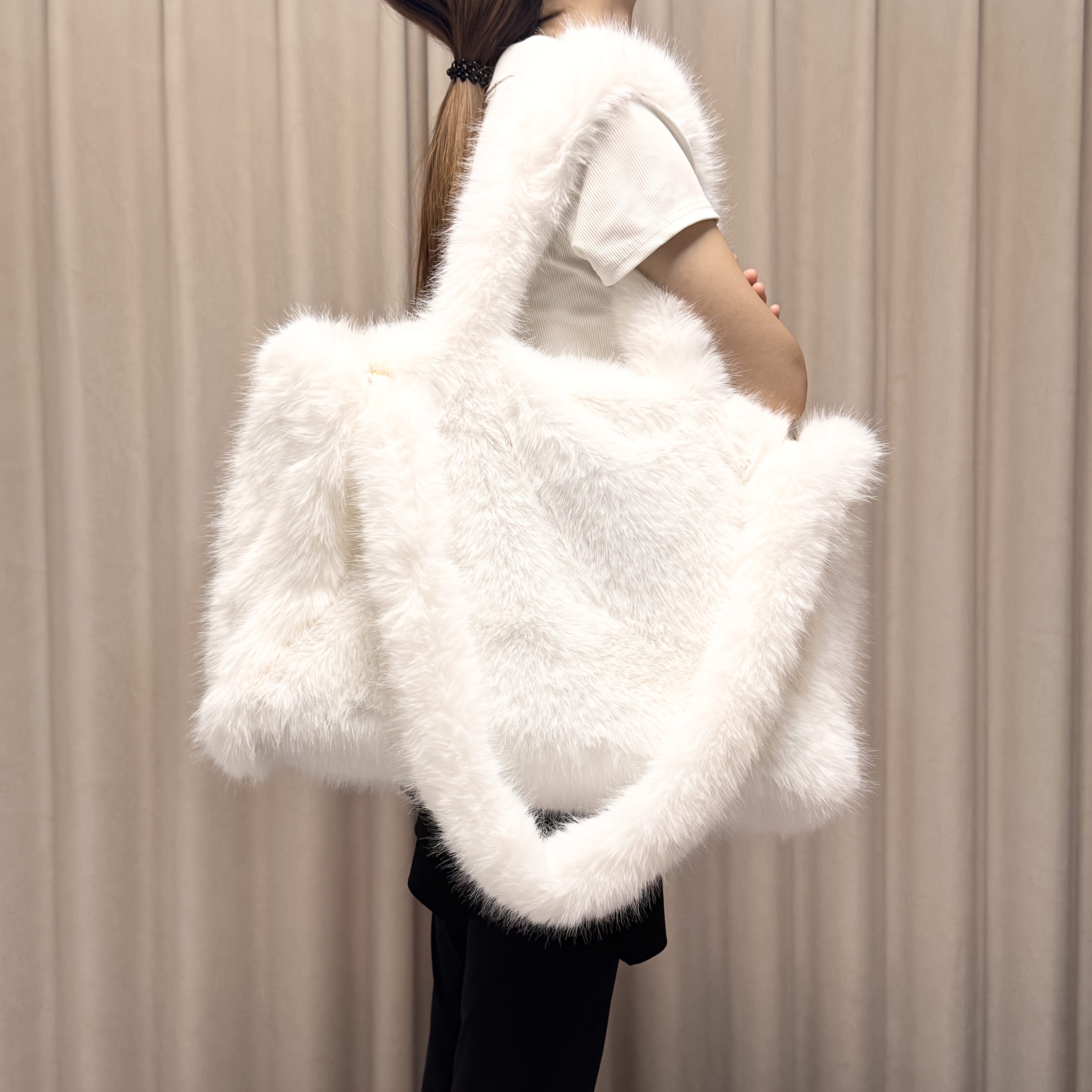 Faux Fox Fur Tote Bag with Long Strap, Large Capacity Handbag