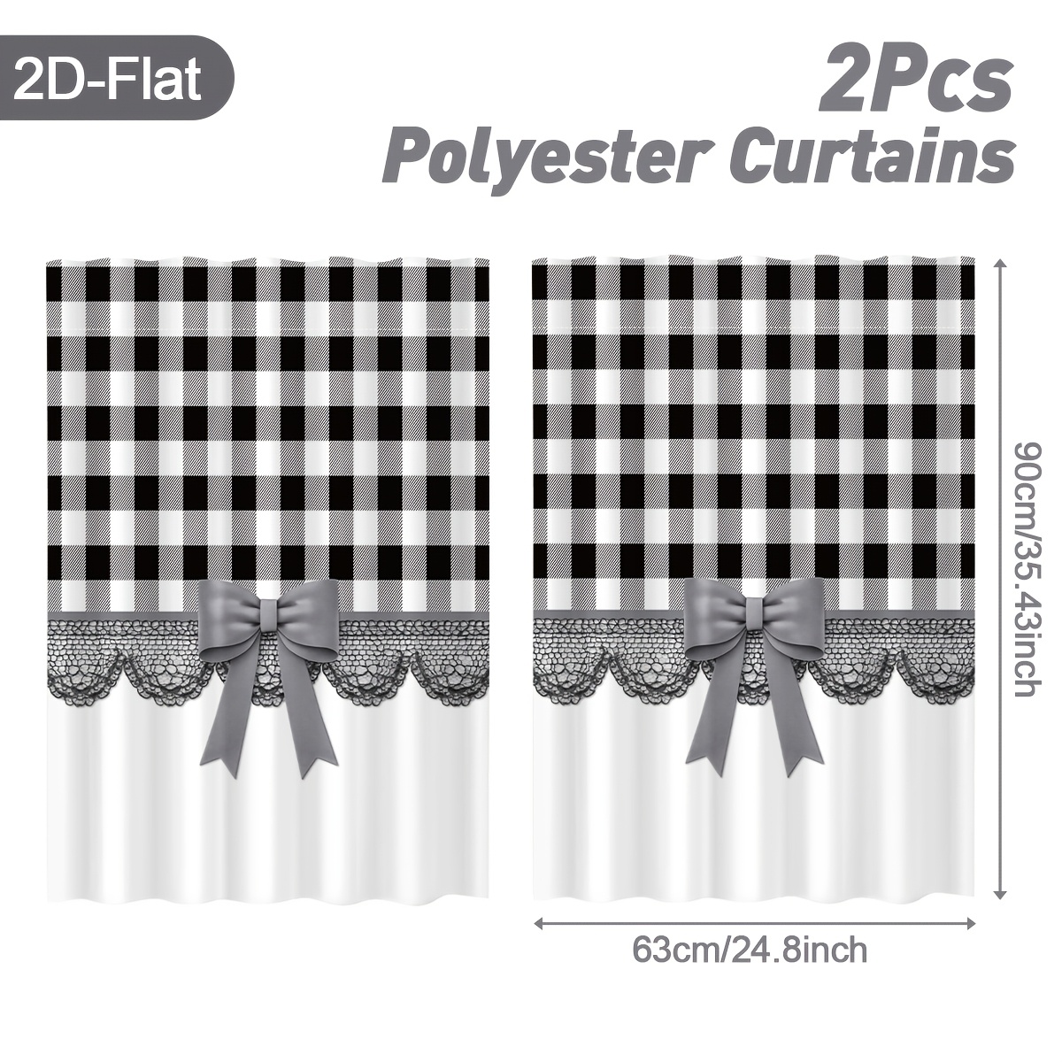 Image of 2d Flat, 2pcs Modern Black & White Checkered Sheer Short Curtains With Bow Pattern - Filtering Window Panels Suitable For, Room, Living Room, Bedroom, Cafe Decor, Machine Washable Blinds, 2d Flat