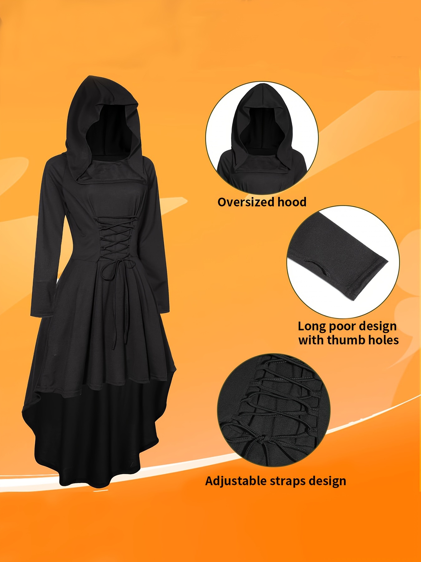 5pcs, Women Medieval Renaissance Costume Hooded Dress Long Sleeve Gothic Clothing Carnival Costume Elves Cosplay Robe with Elf Ears Corset Overknee Socks Arm Protector