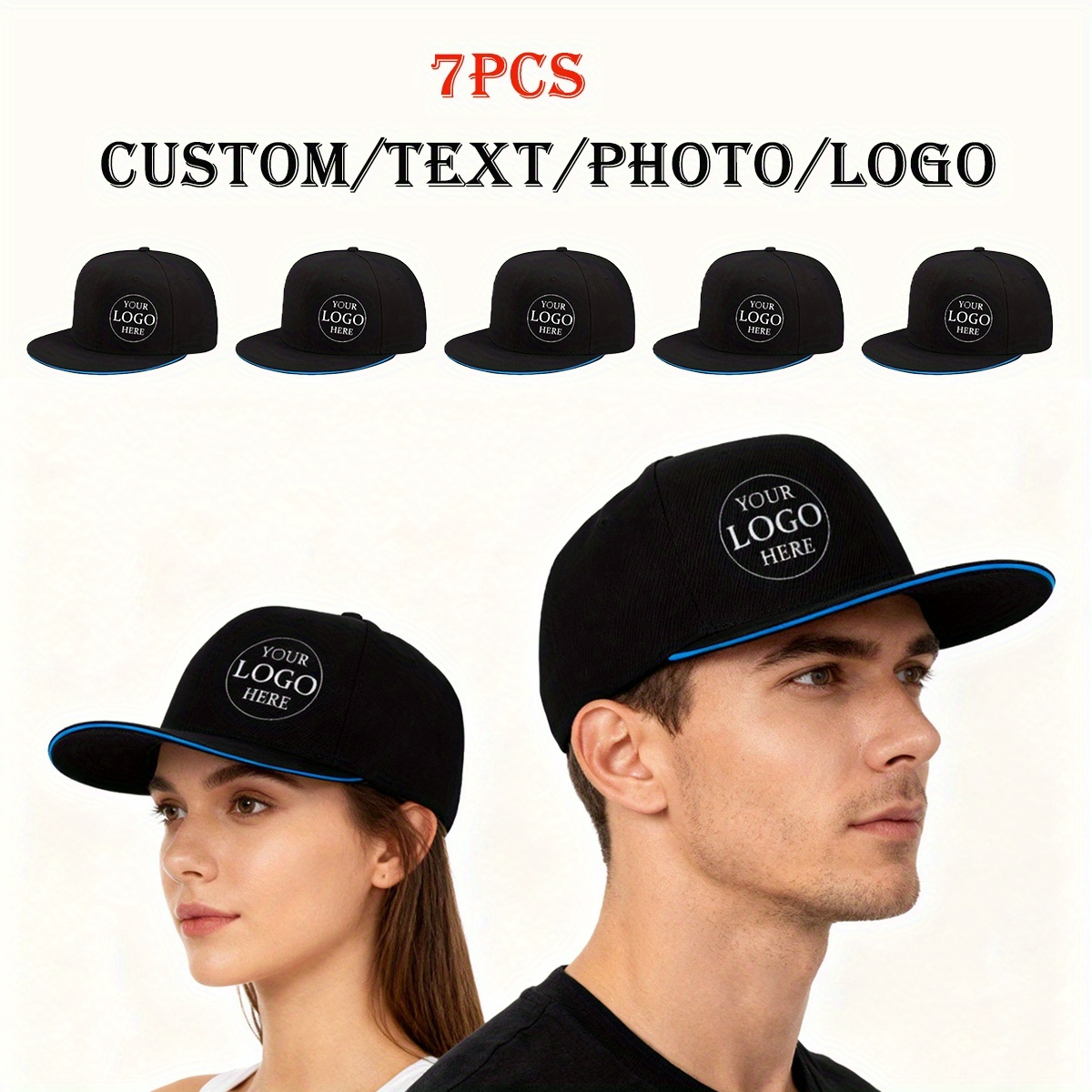 TEMU Set Of 7 Customizable Snapback Caps | 6-panel Flat-brim Hat With Sandwich Brim, Personalized With Logo/text/photo, Suitable For Teams/outdoor