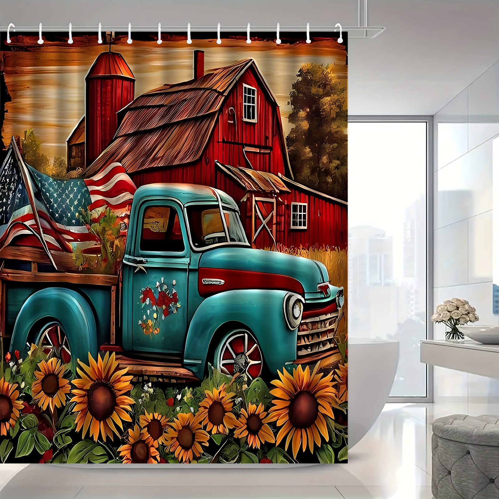 

Vintage And Sunflower Print Shower Curtain, Rustic American Flag Bathroom Decor, Water-resistant Polyester Fabric, Knit Weave, Includes 12 Hooks, Machine Washable Home Bath .