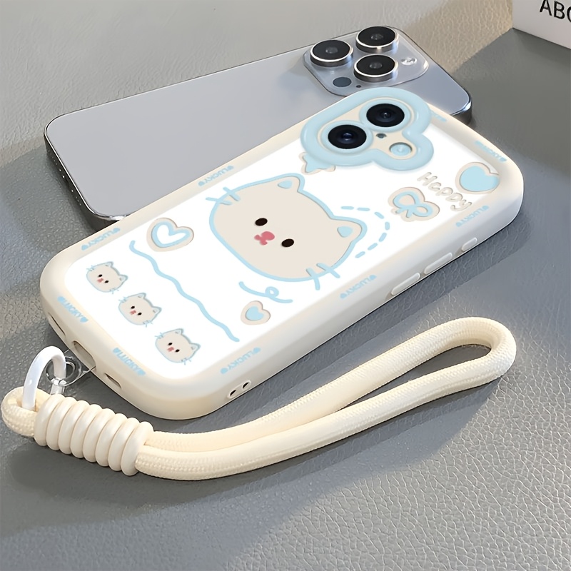 TEMU Coque de téléphone - 1pc Coque de téléphone facile et mignonne avec motif de chat, cordon, couverture intégrale, protection anti-chute, convient