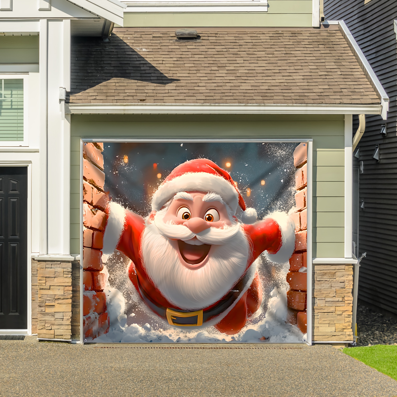 Image of 1pc Vibrant Santa Claus Ice Garage Door Banner - Large Festive Christmas Outdoor Decoration, Perfect For Party Backdrops & , Easy To Hang, Durable Polyester, Christmas Decorations
