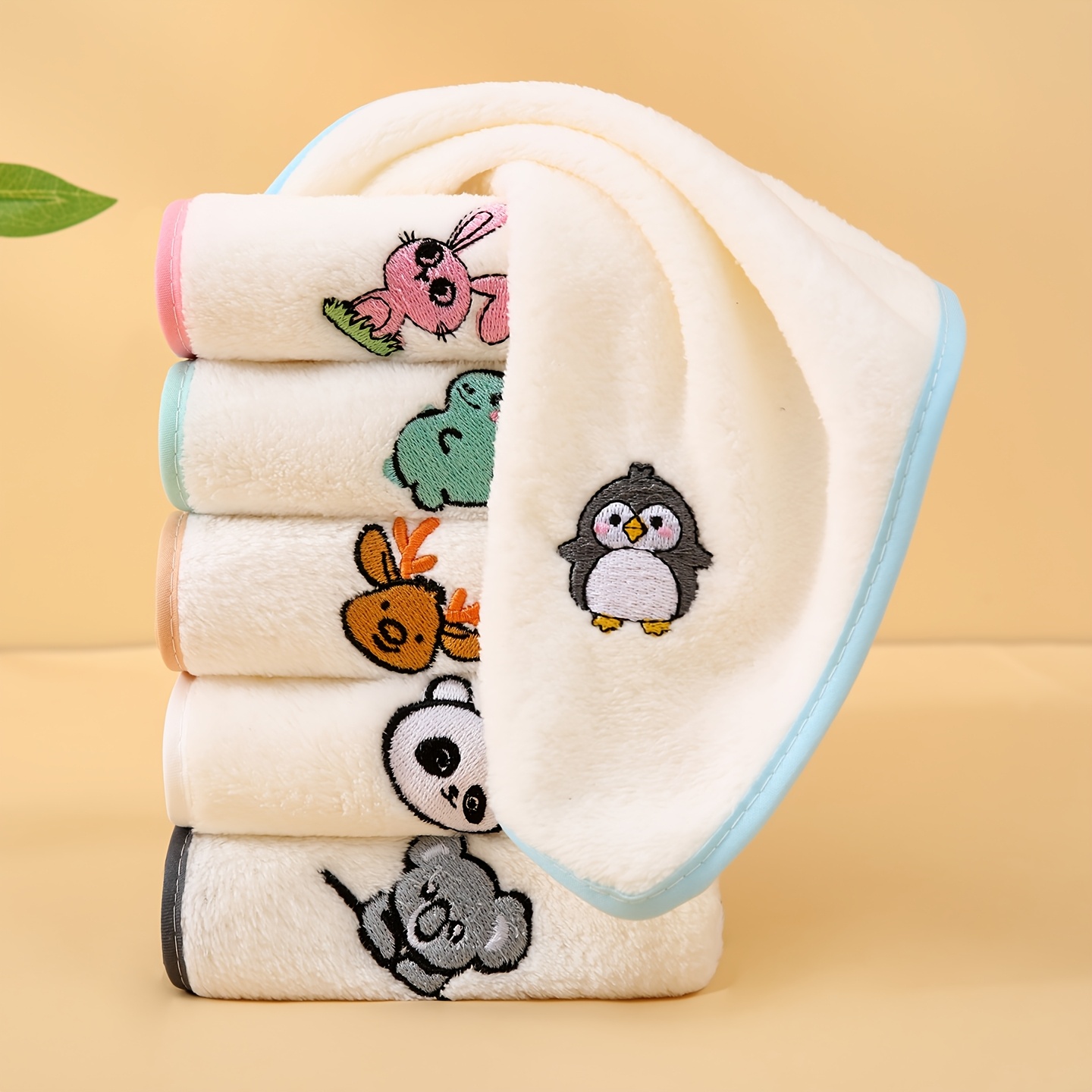 TEMU 5pcs/6pcs Super Soft Animal Embroidered Square Towels, Comfortable Absorbent Versatile Handkerchief, Must Have Cartoon Towel, Bathroom Supplies,