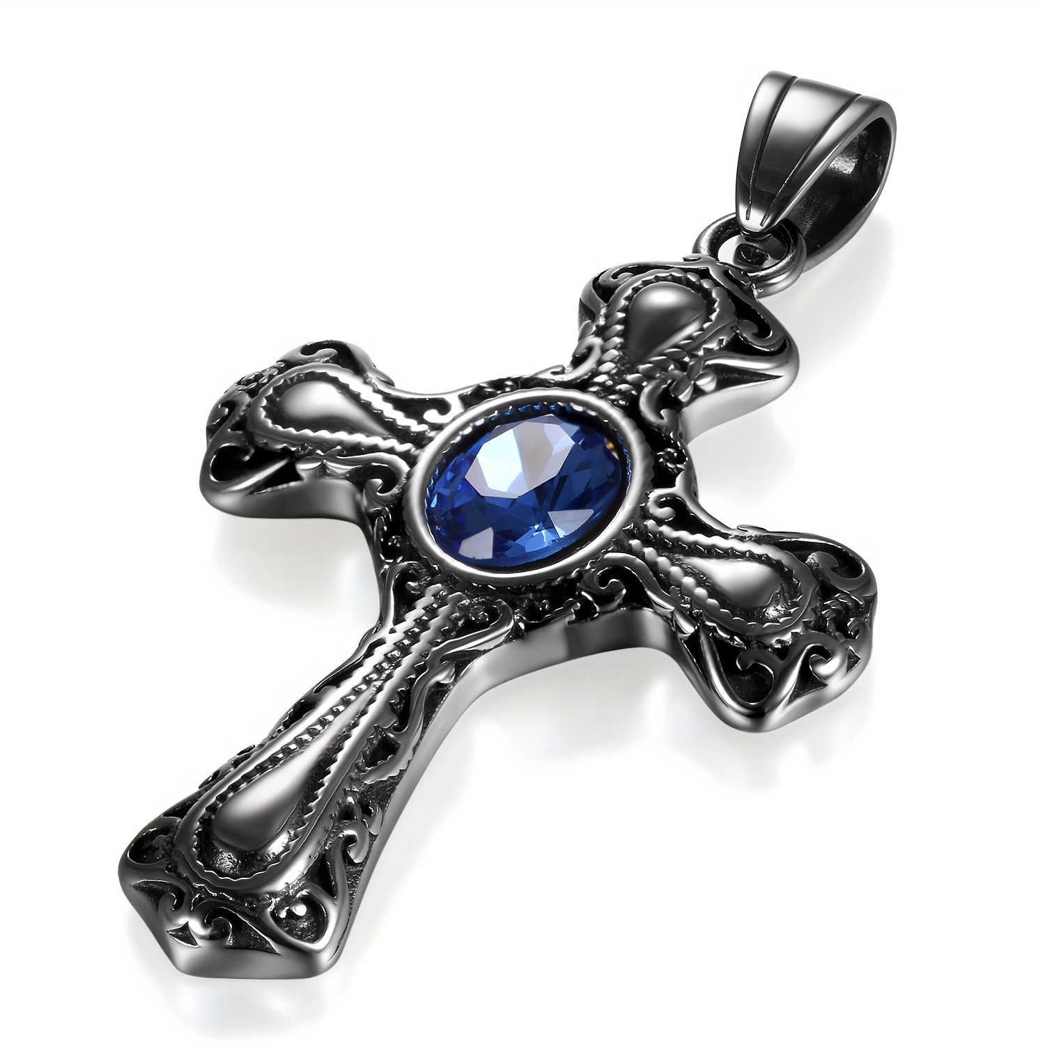 Classic Retro Cross Shiny Glass Stainless Steel Pendant Men's Necklace