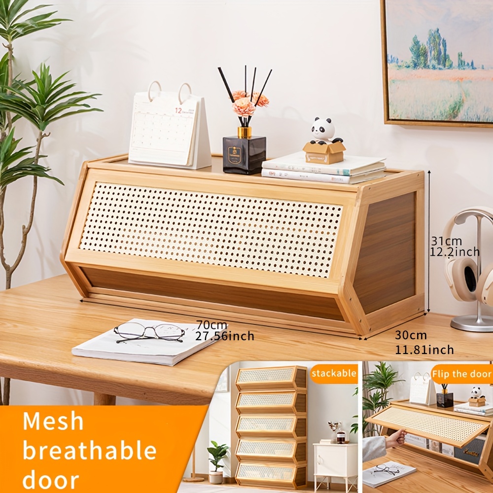 TEMU 1pc 70/86cm Breathable Wooden Mesh Storage Bin - Organizer Box For Kitchen/living Room/bedroom, Stackable Ventilated Chest For Clothes/gardening