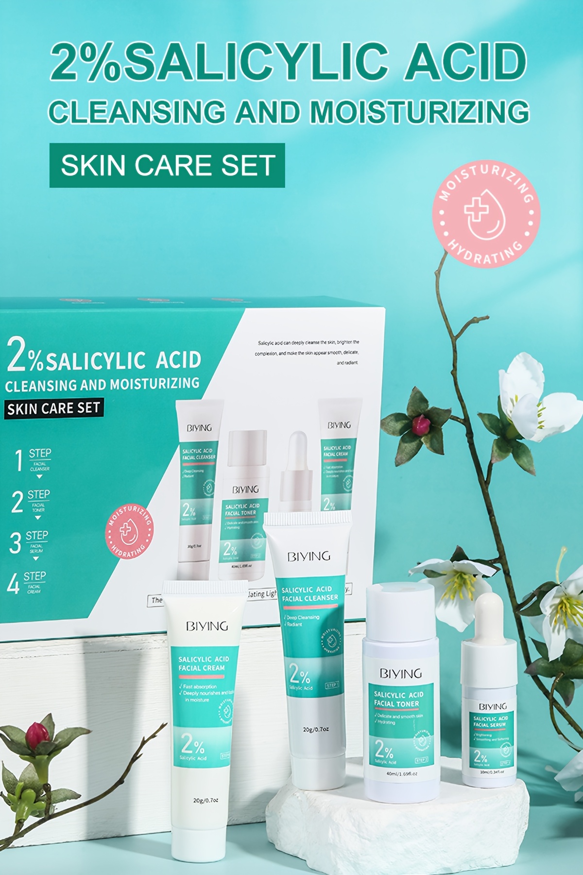 A Skincare Set Featuring 2% Salicylic Acid That Includes a Facial Cleanser, Toner, Essence, And Cream, Perfect for Women. Ideal for Travel During Spring And Summer, This Korean Formula Makes a Great Valentine'S Day Gift for Girlfriends, Wives