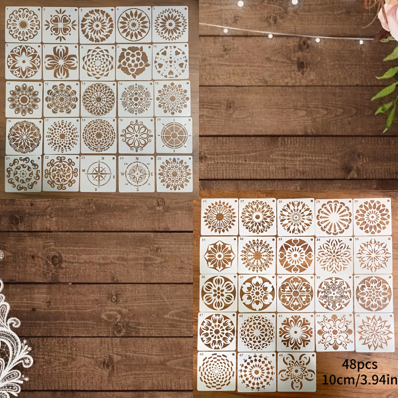 E-shop 48 Stück Mandala-Blumen-Serie Malvorlagen, Ausgeschnittene Malvorlagen, geeignet für Wanddekoration DIY-Bastelprojekte. Waschbares PET-Material,