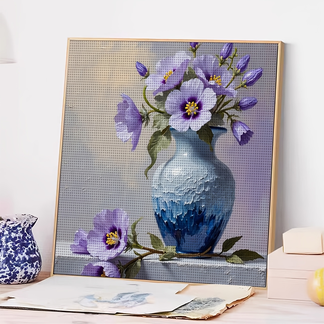 DIY Cross-Stitch Printed Kit, "Blue Bottle with Blooming Purple Flowers"