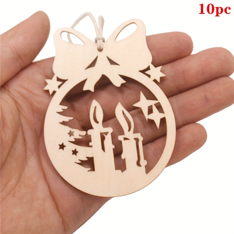 

10pcs, Wooden Hollow Candle Shape Small Wood Chips, Wooden Hollow Carving Christmas Tree Pendant Hanging Ornament Diy Painting Graffiti Crafts, Christmas Party Decorations