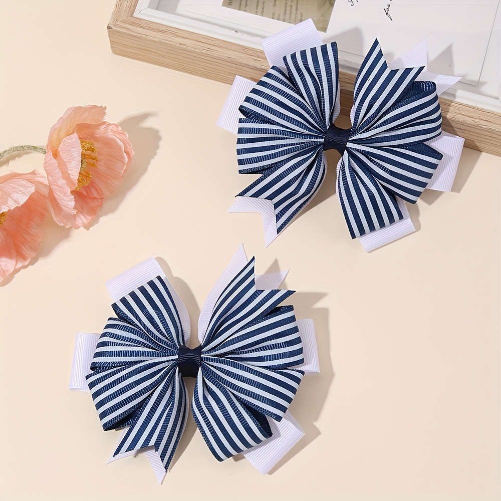 TEMU 2pcs Striped Bow Hair Clips For Navy White Striped Bow Hairpins Classic Fashion Hair Accessories For
