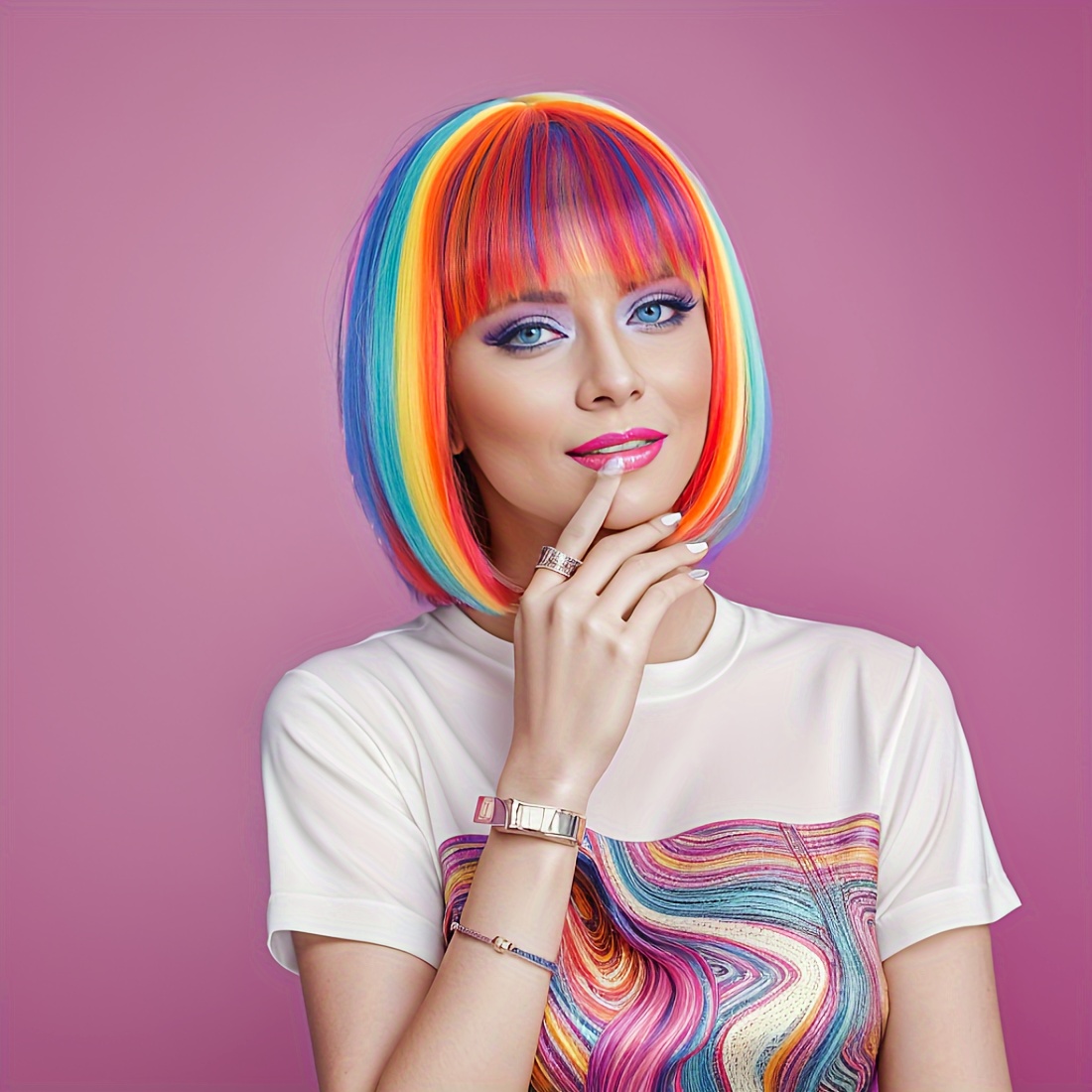 

Colorful Bob Wig Short Straight Wig With Bangs Synthetic Wig Costume Wig For Halloween Party Music Festival