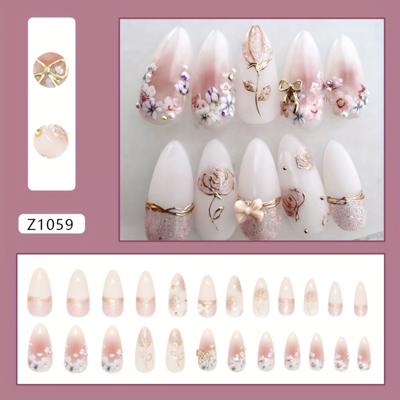 3d Carved Rhinestone Gentle Temperament European And Detachable Wearable Nails 24pcs
