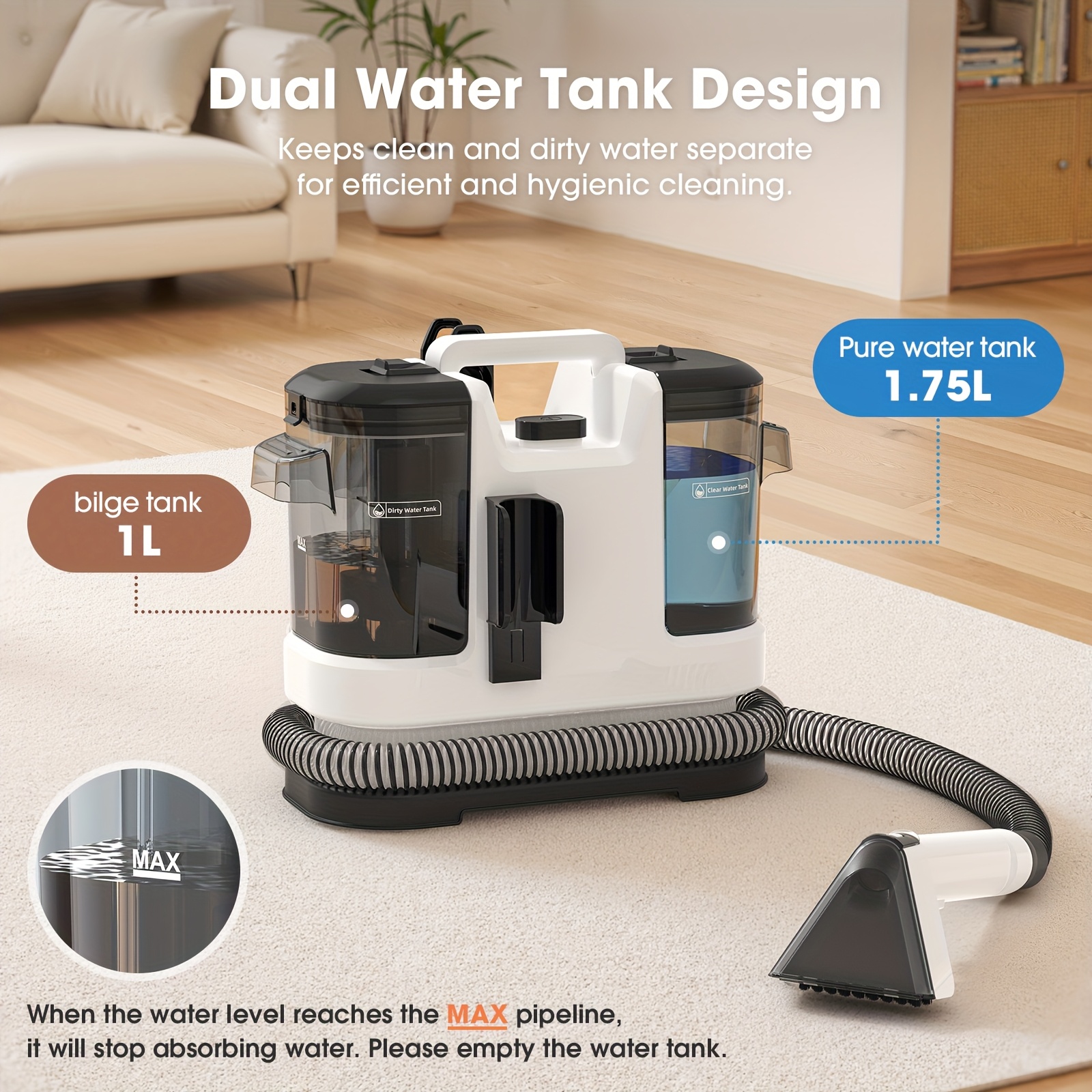 Portable Carpet Cleaner Machine, Carpet Shampooer, 13.5Kpa Upholstery Cleaner With 5 Tools, 59.17 Oz Large Water Tank, 5.0meter Power Cord, Spot And Stain Deep Cleaner For Rug, Couches, Car (Black)