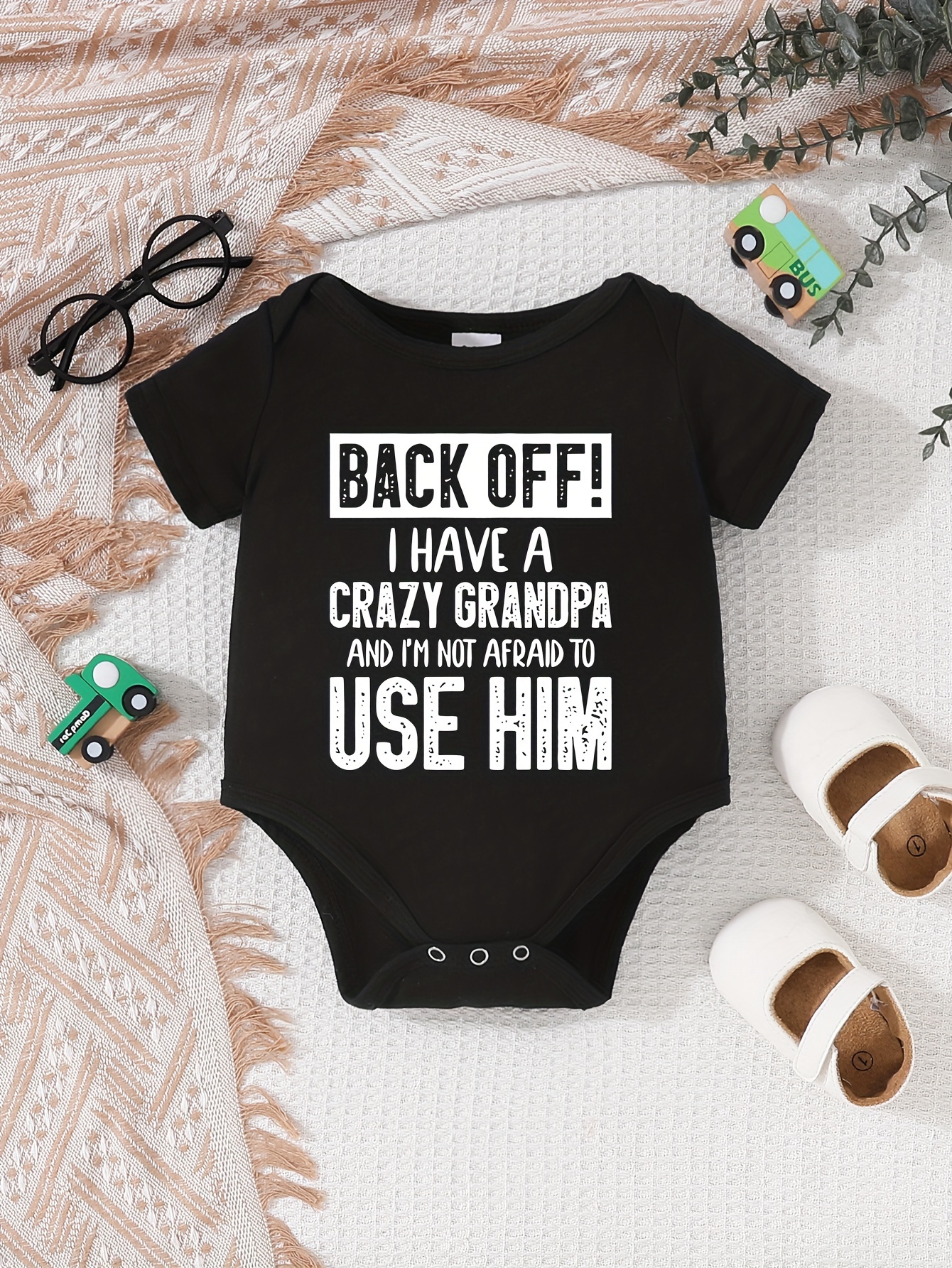 Infant's Back A Crazy Grandpa Letter Print Bodysuit Comfy - Temu