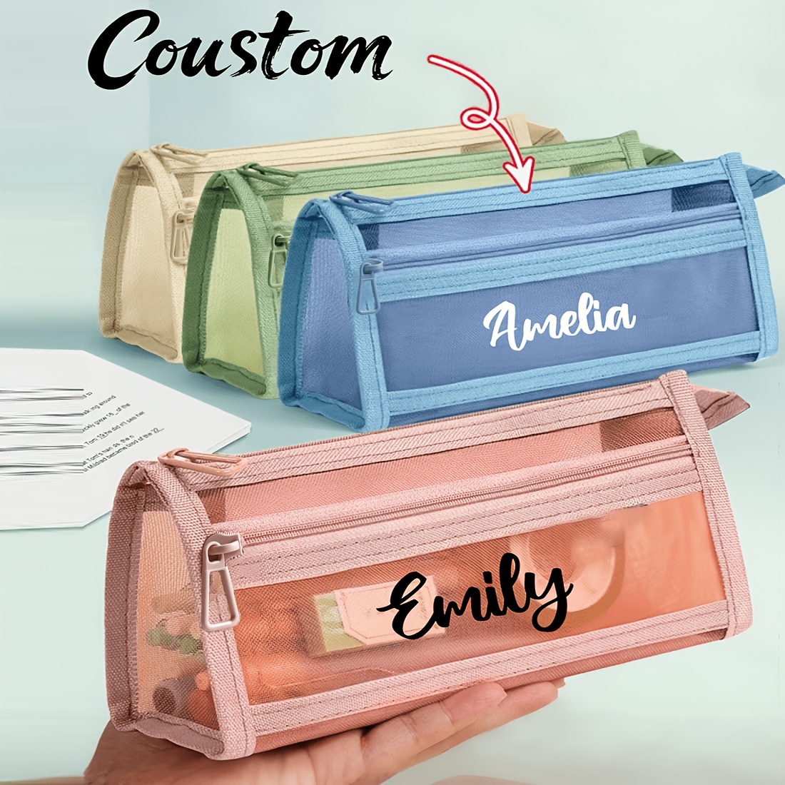 customizable transparent pencil case with name random styles essential for exams student stationery grid designed pencil case simple   box   for back to   school learning supplies