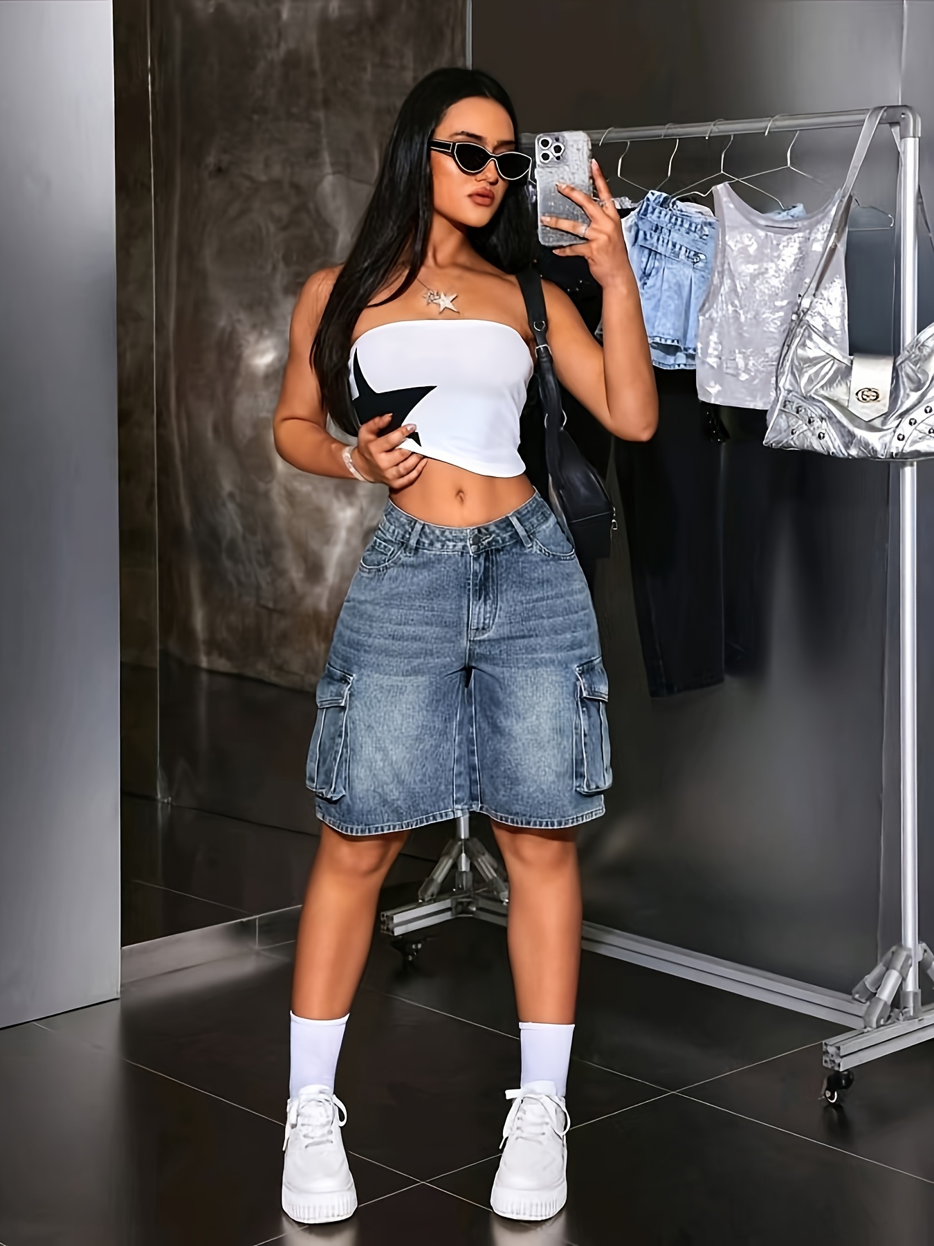 vintage style women's bermuda denim shorts solid color