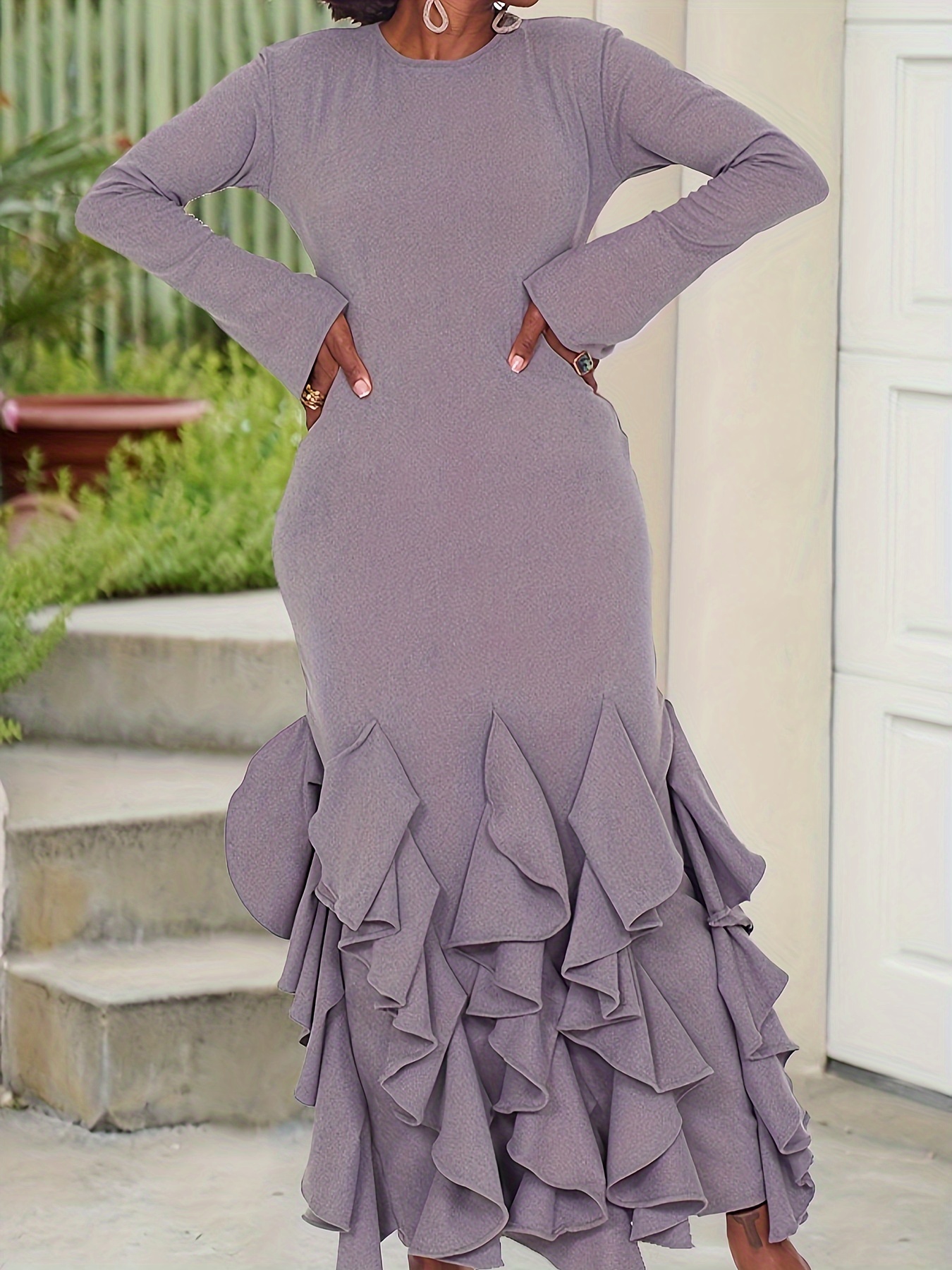 Vestido Manga Larga Dobladillo Volantes Sólido Elegante - Temu Uruguay