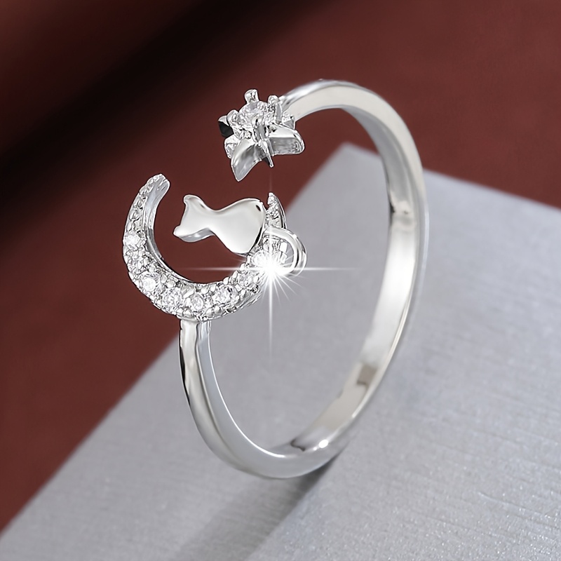 TEMU 1 Moon Cat Design Adjustable For Women With Synthetic Synthetic Zirconia