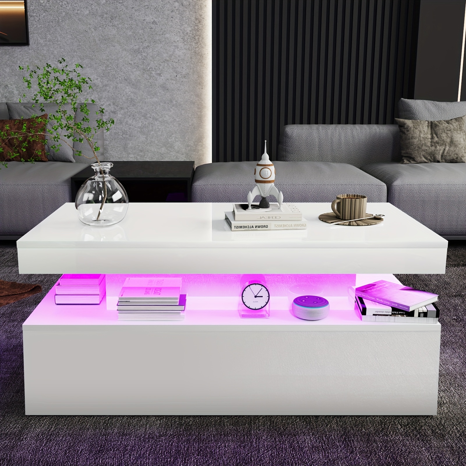 Coffee Table, High Gloss With 2 Drawers, Modern Coffee Table For Living Room With 16-color Led, 48d X 95w X 42h, White