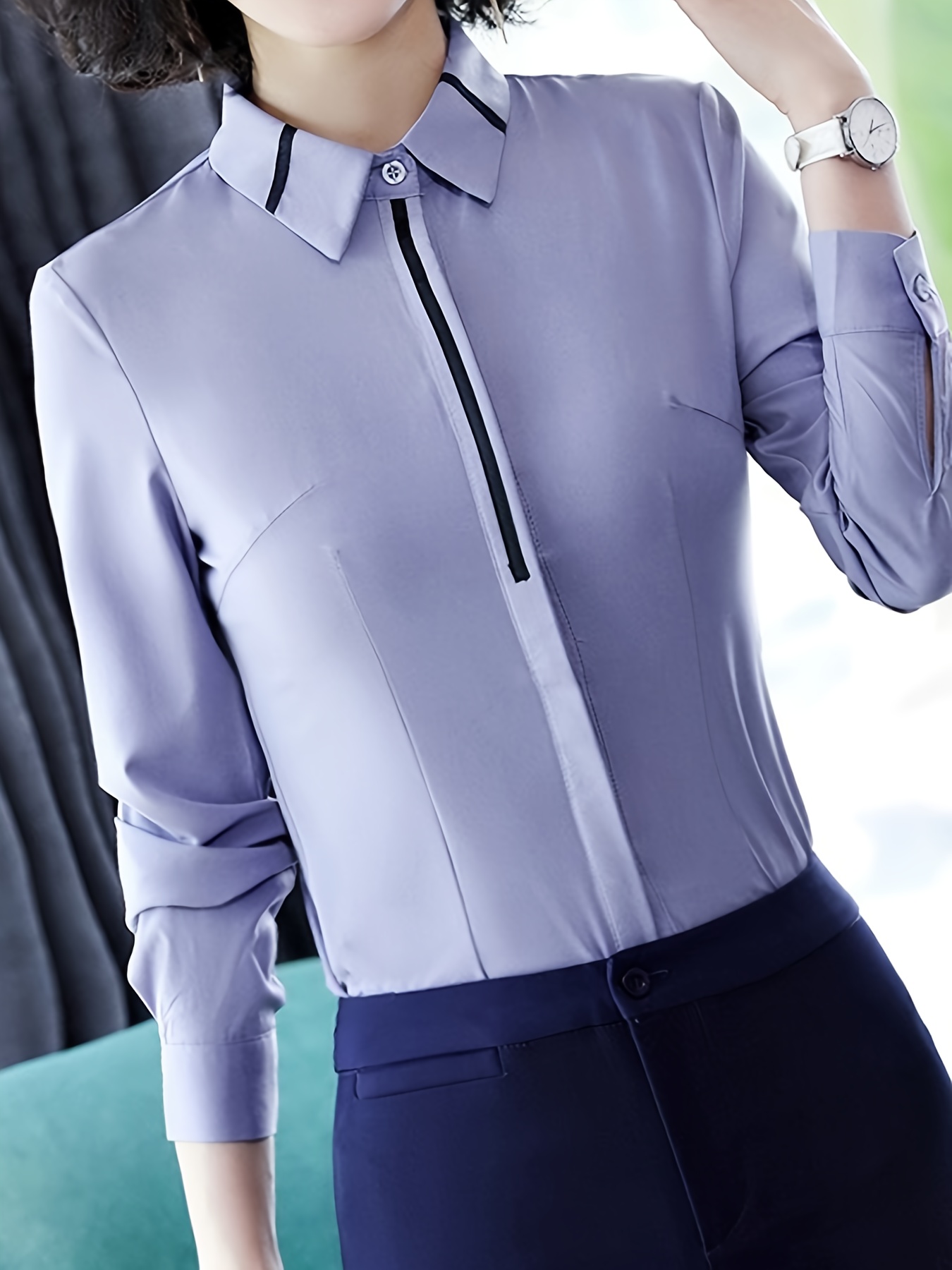 camisa entallada elegante botones bloque color en parte Temu Peru