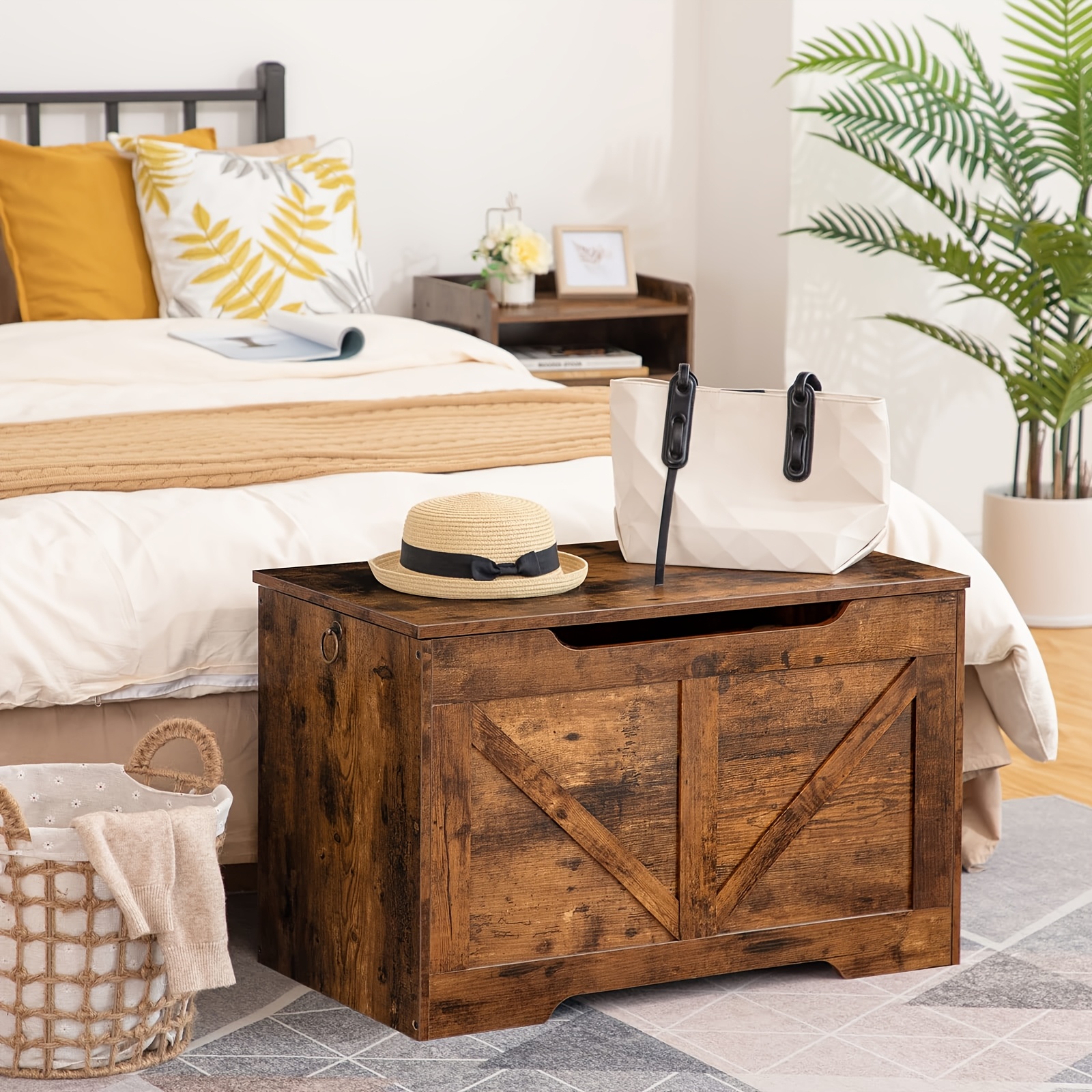 Image of Storage Box Chair, Seat With Storage Space, Chest With Lid, Bench, Storage Box, 2 Rings, 75cm, Sturdy, Stable, Floor, Living Room, Dark Brown