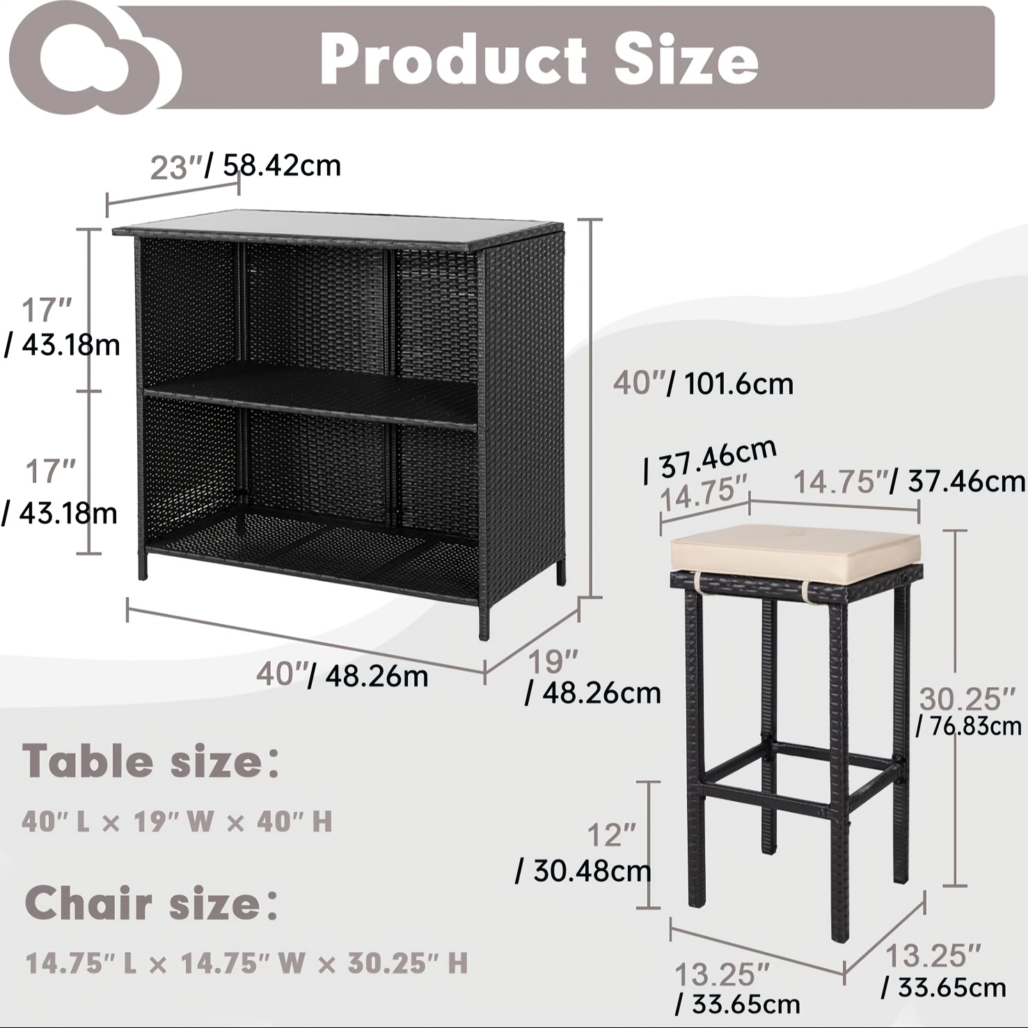 3pcs Outdoor Wicker Patio Bar Set with Hidden Storage Shelf, Brown Glass Top Table with Two Matching Stools and Comfortable Cushions for Backyard, Garden, Poolside and Patio