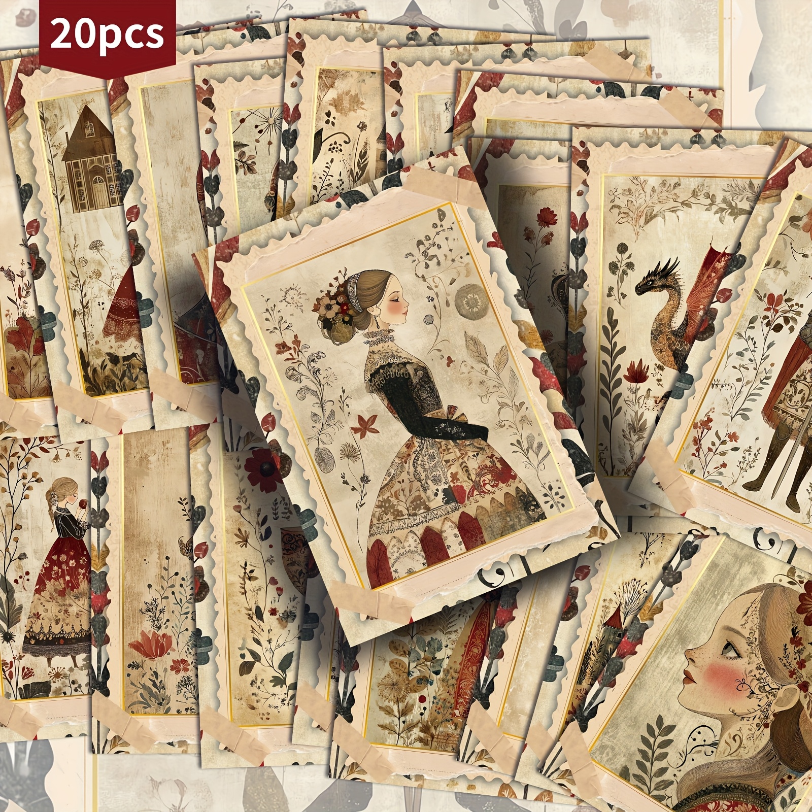 TEMU Paquete de 20 Tarjetas Postales ASSTSS Medievales - de Vintage, , - Damas Reales Elegantes, a Caballo - Fondos de Floral - 4x6 Pulgadas -