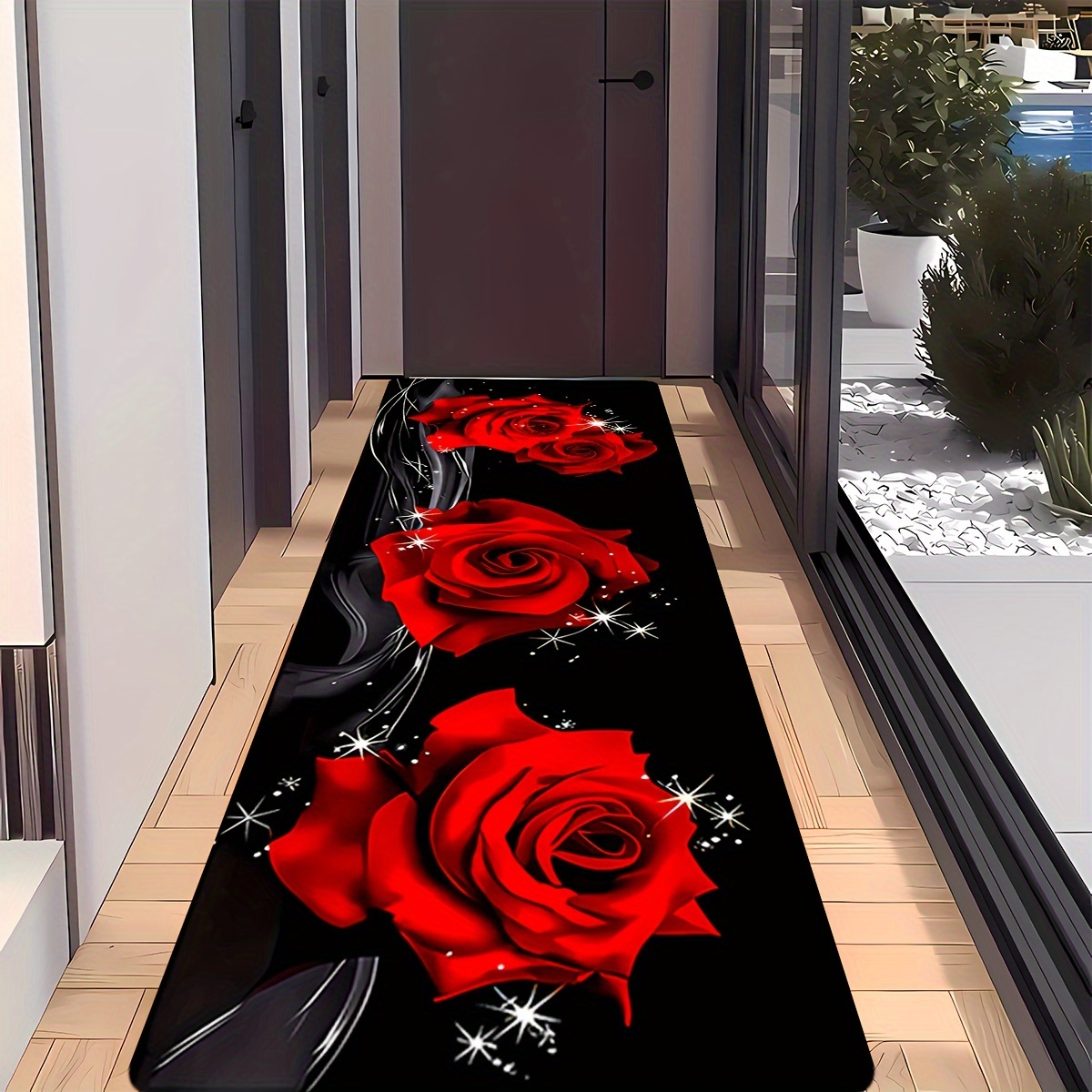 1pc Rose Pattern Long Carpet - Non-slip, Machine Washable Entrance Mat, Suitable For Living Room, Hallway, Office, And Bathroom Decor, Home Decorative Rug
