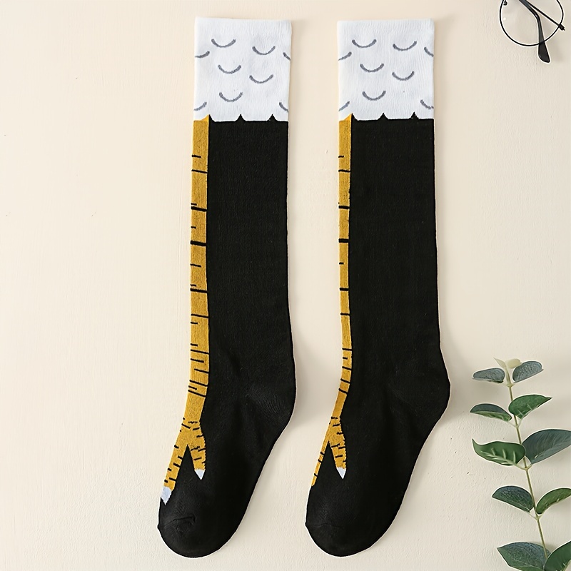 1 Pair of Men's Fun Chicken Claw Crew Socks - Comfy & Stylish, Black with White & Yellow Accents, Polyester-Spandex Blend, Perfect for Casual Wear