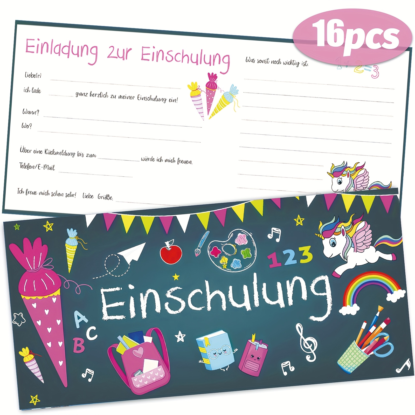 Image of 16pcs Invitation Letter For Back To , Invitation Letter For Day Of School With Cute Pony And Stationery Patterns, Suitable For School , As Well As Celebration Events Or Gatherings