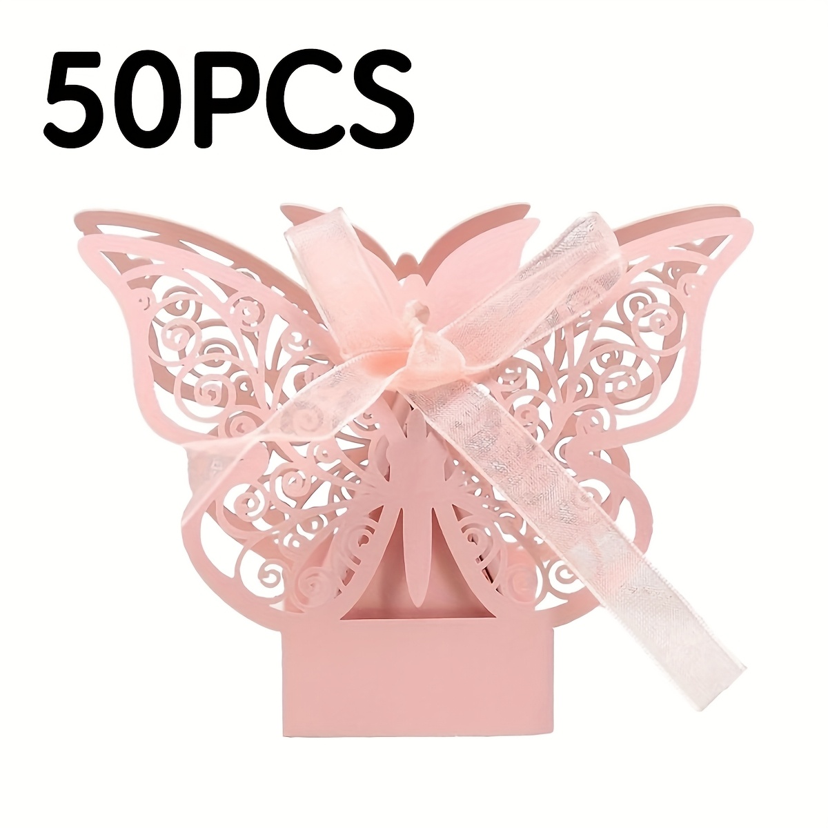 E-shop Geschenk für Sie/Ihn 50 Stück Elegante Rosa Schmetterlings-Geschenkboxen & mit Schleife - Feines Spitzen-Cut-Out-Design für Hochzeiten,