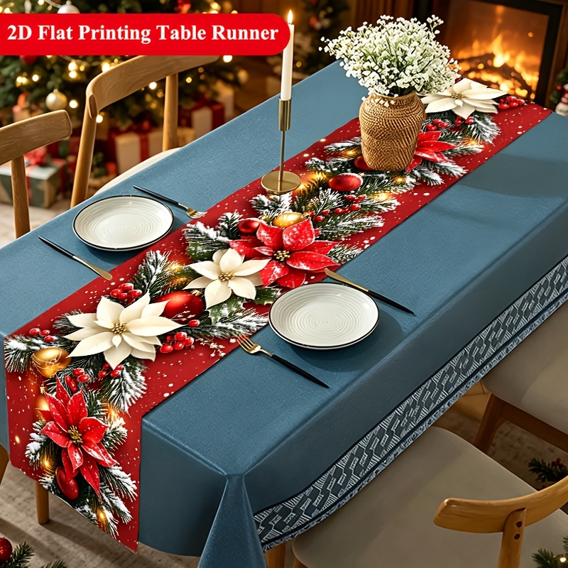 TEMU 1pc Christmas Red Poinsettia Pine Table Runner, 2d Flat Printing Polyester Table Decor, Winter Bauble Farmhouse Dining Table Runner, Xmas Coffee