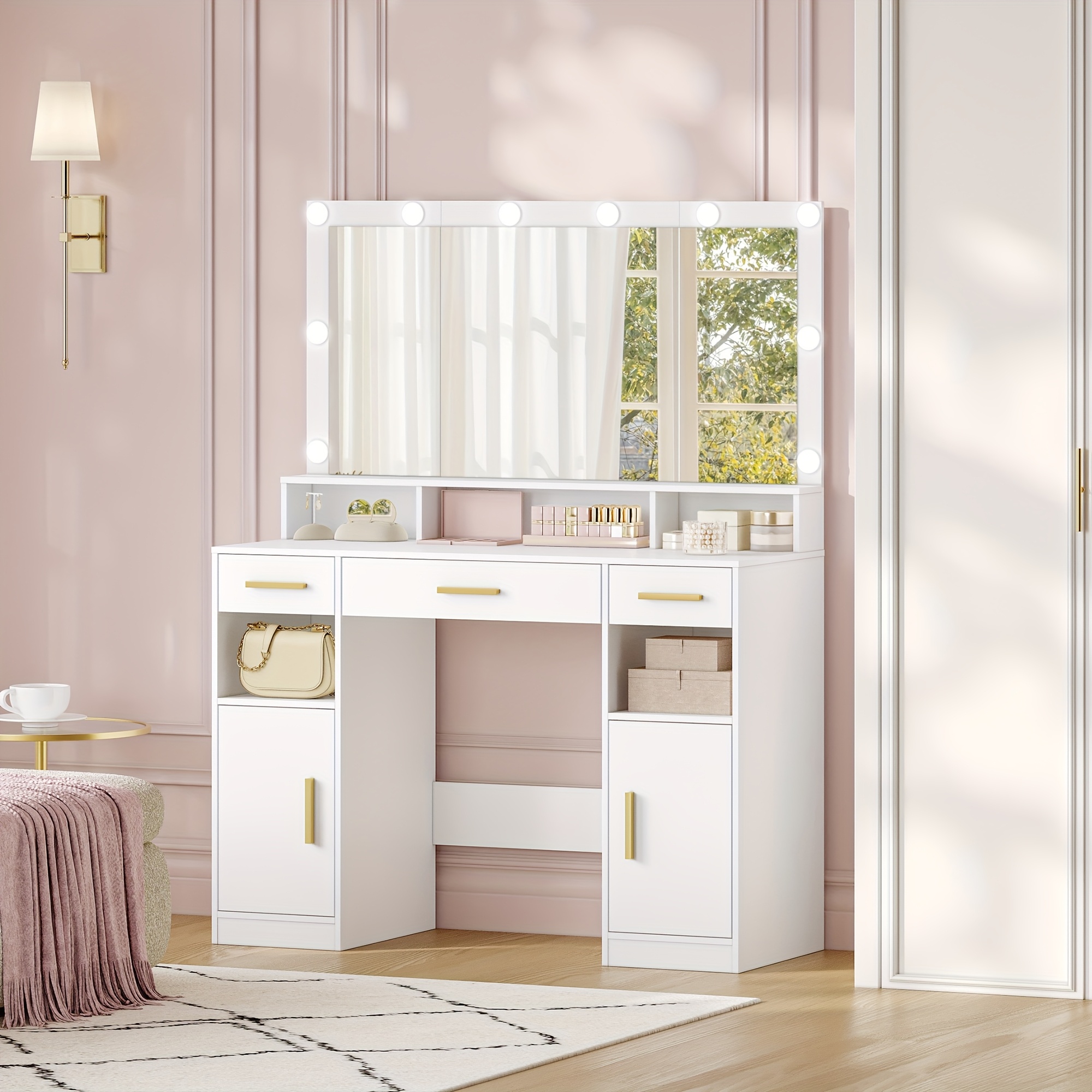 Dressing Table with Large Mirror and LED Lighting, Three Drawers