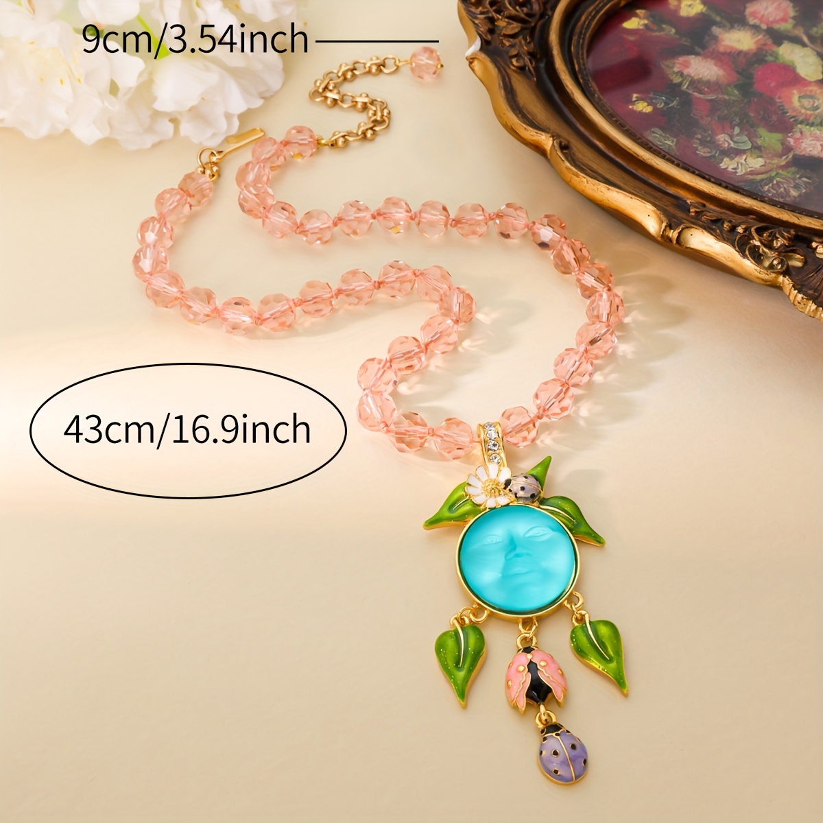 Vintage Enamel Drop Necklace with Rhinestone Accents
