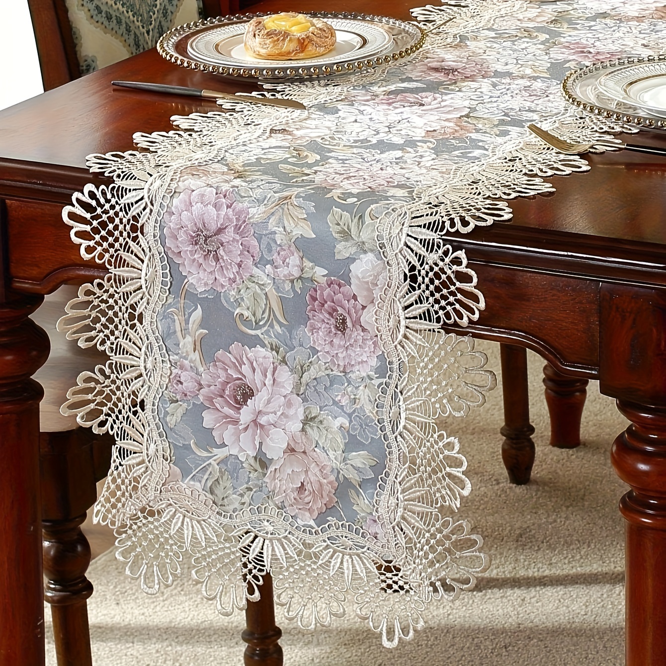 

Elegant Lace Floral Polyester Table Runner - Square Vintage Style Knit Fabric Dresser Scarf With - , Dining Decor, And Furniture Dust Cover