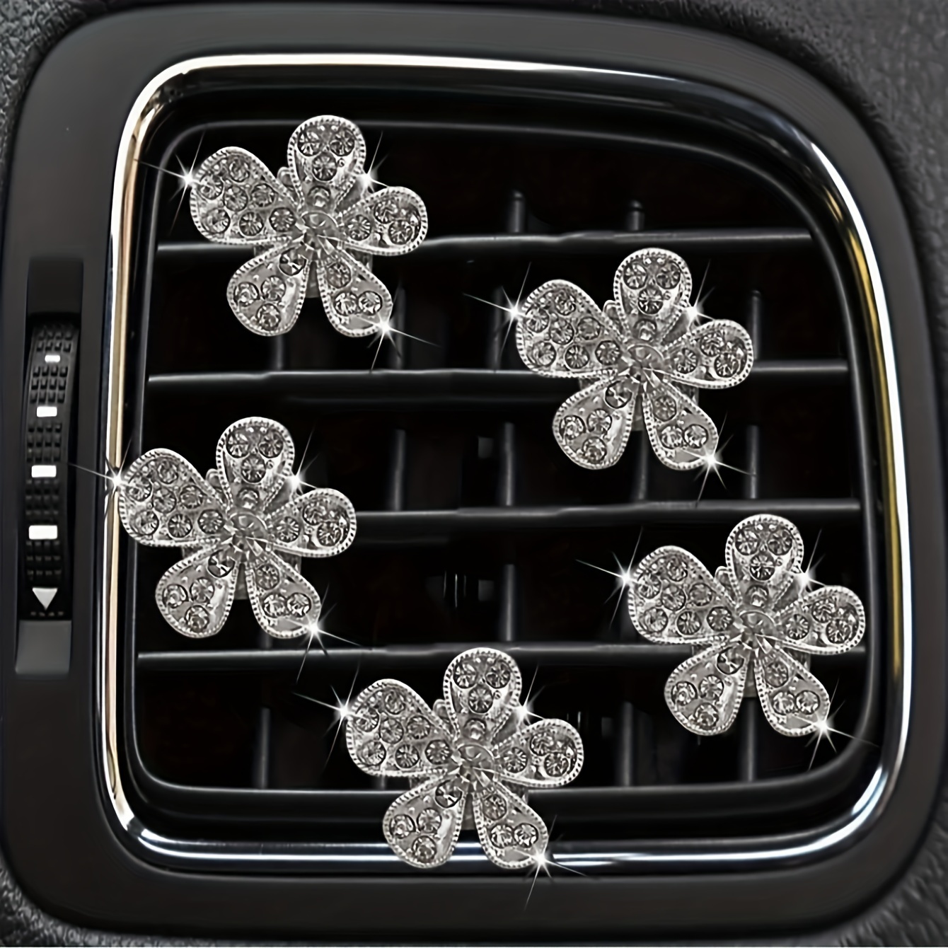 

5pcs Set Sparkling Rhinestone Floral Car Vent Clips - Aluminum Alloy, Fits Most Models - Interior Accessories & Gifts