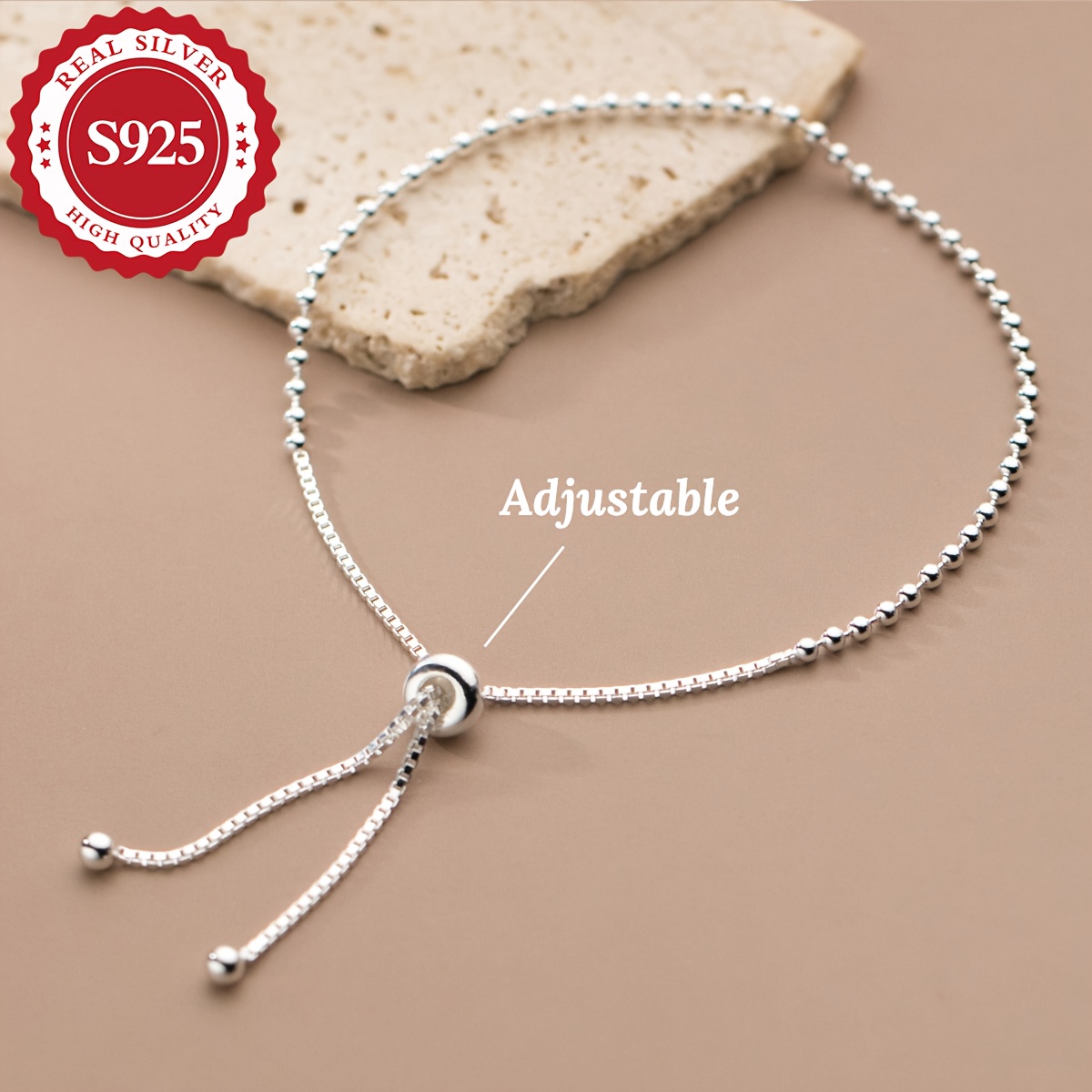 

Adjustable 925 Sterling Silver Ladies Beaded Bracelet, Simple Fashion Daily Wear, Cute Minimalist Style For Matching Outfits
